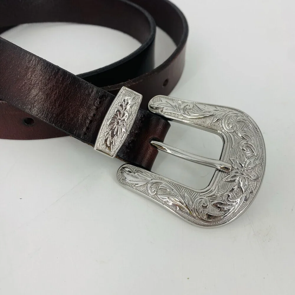 White House Black Market Brown Leather Silver Buckle Western Hip Fit Belt Small